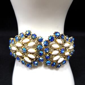 Vintage Blue Aurora Borealis Rhinestone Milk Glass Clamper Bracelet 1960s